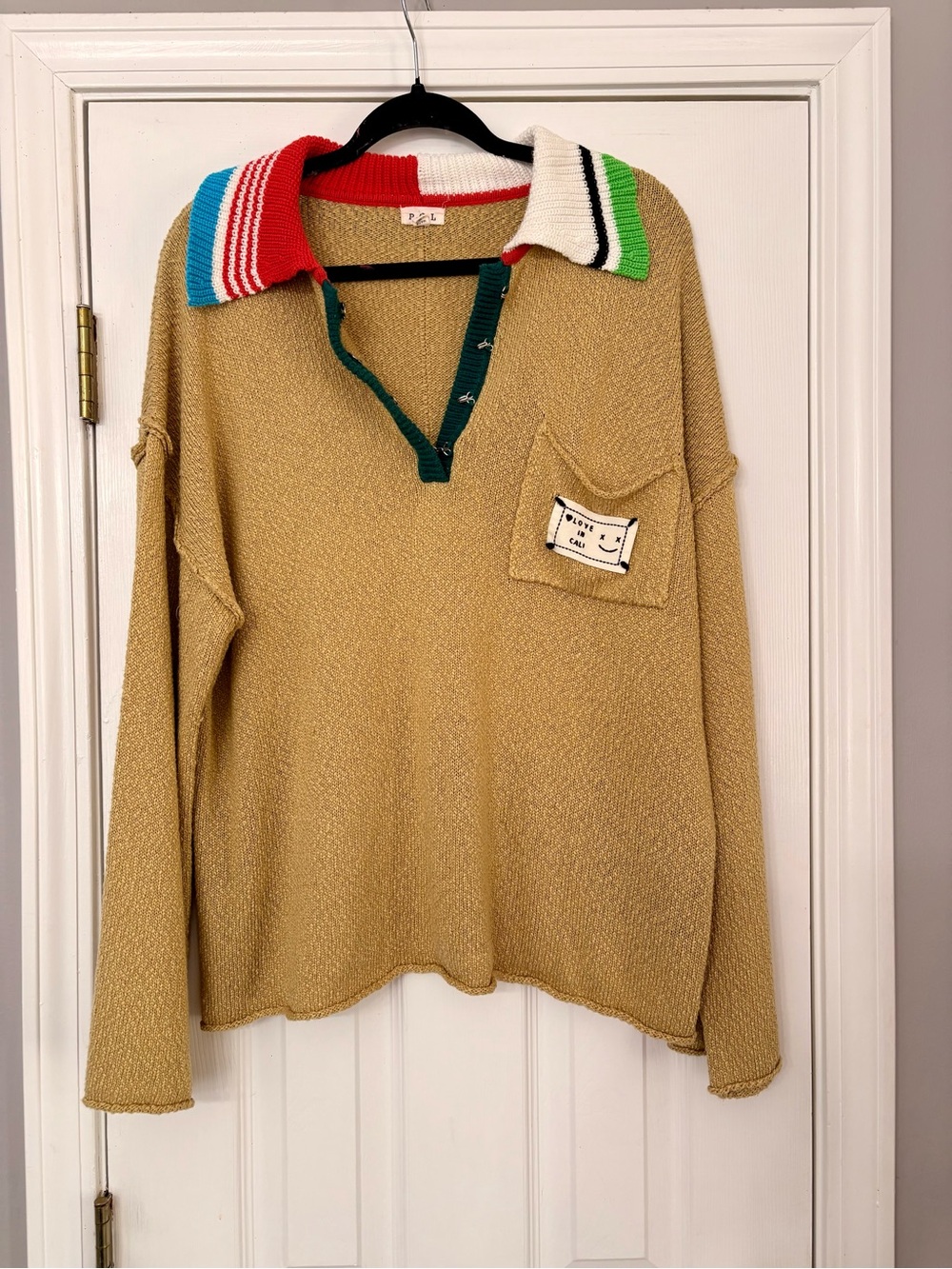 POL Tan Knit Polo Sweater with Multicolor Stripe Collar
